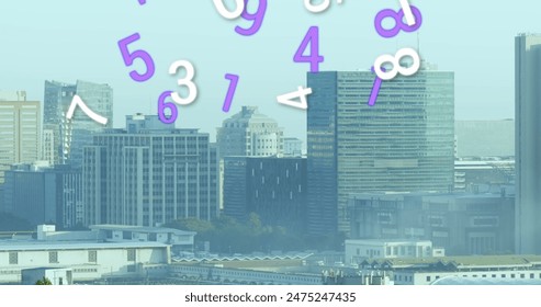 Image of multiple changing numbers against aerial view of cityscape. Computer interface and business technology concept
