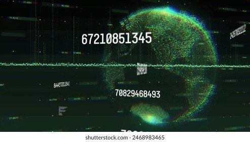Image of multiple changing numbers and data processing over spinning globe on green background. Global networking and business interface technology concept