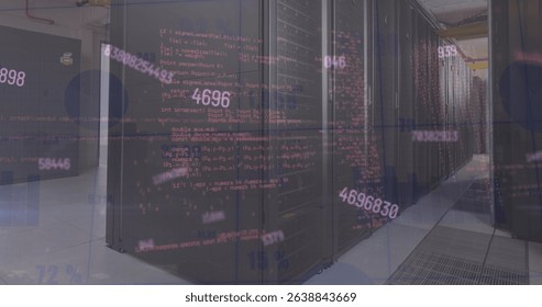 Image of multiple changing numbers and data processing against computer server room. Global networking and business data storage technology concept