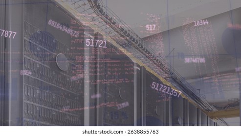 Image of multiple changing numbers and data processing against computer server room. Global networking and business data storage technology concept