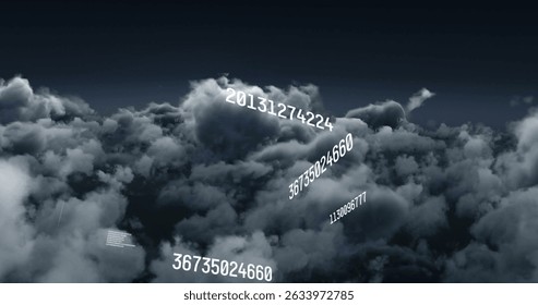Image of multiple changing numbers floating over dark clouds in the sky. Global networking and business technology concept