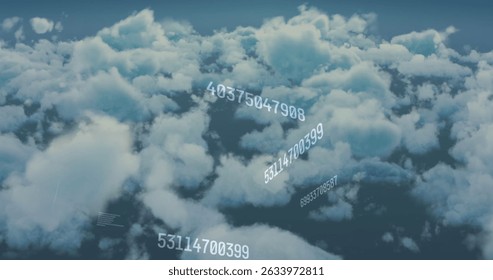 Image of multiple changing numbers floating over clouds in the sky. Global networking and business technology concept