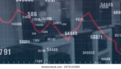 Image of multiple changing numbers and graphs over unoccupied chair. Digital composite, multiple exposure, furniture, report, business, abstract and growth concept.