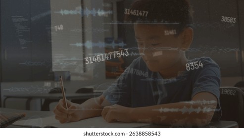 Image of multiple changing numbers over asian boy studying in the class at school. School and education concept