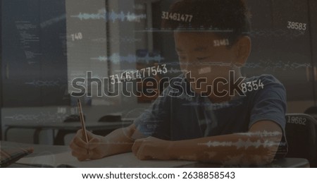Image of multiple changing numbers over asian boy studying in the class at school. School and education concept