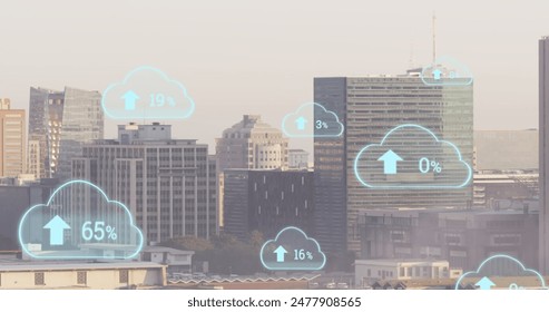 Image of multiple cloud icon with increasing percentage against aerial view of cityscape. Global business and cloud data storage technology concept