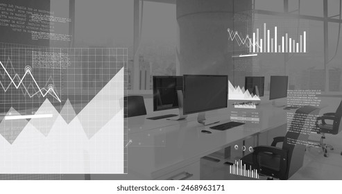 Image of multiple digital icons and data processing against empty office. Computer interface and business data technology concept