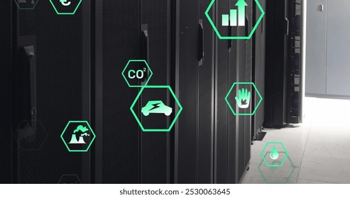 Image of multiple digital icons floating against computer server room. Computer interface and business data storage technology concept