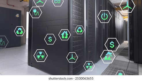 Image of multiple digital icons floating against computer server room. Computer interface and business data storage technology concept