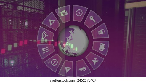 Image of multiple digital icons over spinning globe and data processing against server room. Global networking and business data storage technology concept