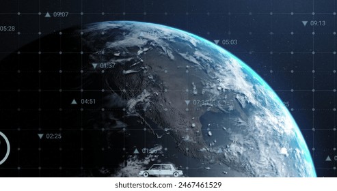 Image of multiple digital icons over grid network against spinning globe in space. Computer interface and business technology concept