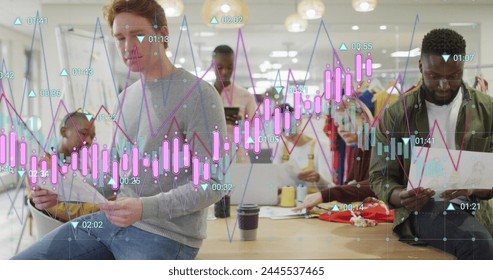 Image of multiple graphs and changing numbers over diverse coworkers analyzing reports. Digital composite, multiple exposure, business, growth and teamwork concept.