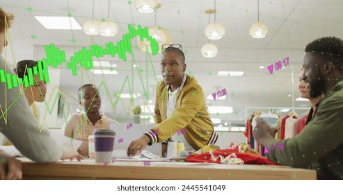 Image of multiple graphs with changing numbers over diverse coworkers discussing in office. Digital composite, multiple exposure, report, business, growth, planning and teamwork concept.