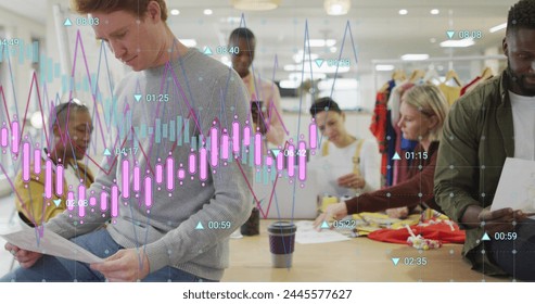 Image of multiple graphs and changing numbers over diverse coworkers analyzing reports. Digital composite, multiple exposure, business, growth and teamwork concept.