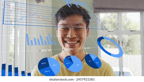 Image of multiple graphs with changing numbers over close up of smiling asian man. Digital composite, multiple exposure, report, portrait, growth, digits and business concept - Powered by Shutterstock - Get 15% off with code: PIKWIZARD15