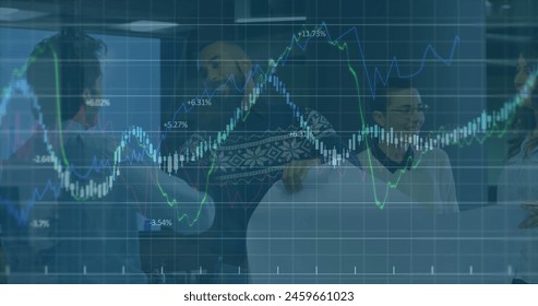 Image of multiple graphs with changing numbers, diverse coworkers discussing blueprint. Digital composite, multiple exposure, report, business, growth, teamwork, planning concept.