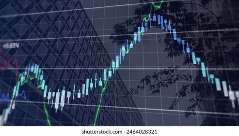 Image of multiple graphs with changing numbers over low angle view of tree and building. Digital composite, multiple exposure, report, business, growth and architecture concept.