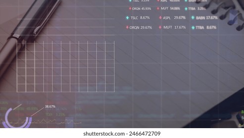 Image of multiple graphs with changing numbers and trading board over pen on notepad. Digital composite, multiple exposure, report, growth, stock market, abstract and business concept.