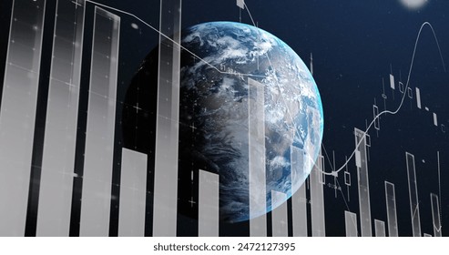 Image of multiple graphs with changing numbers over rotating globe against space. Digitally generated, hologram, illustration, report, business, growth and globalization concept. - Powered by Shutterstock - Get 15% off with code: PIKWIZARD15