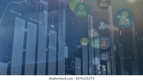 Image of multiple graphs with changing numbers over profile icons on abstract background. Digitally generated, hologram, growth, report, business, social media and technology concept.