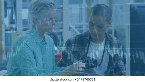 Image of multiple graphs with changing numbers over diverse coworkers discussing on desk. Digital composite, multiple exposure, report, business, growth, teamwork and technology concept.