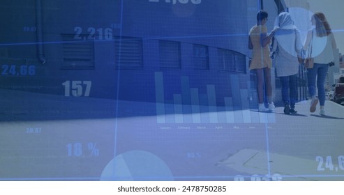 Image of multiple graphs and changing numbers over diverse female friends walking on street. Digital composite, multiple exposure, report, business, growth and togetherness concept.