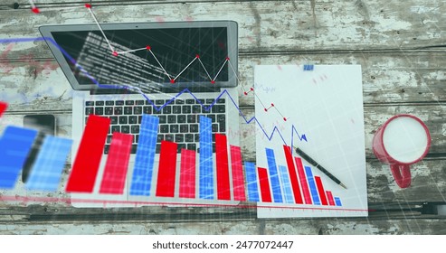 Image of multiple graphs, coffee cup and computer language, overhead view of laptop and notepad. Digital composite, multiple exposure, report, business, growth, beverage and technology concept.