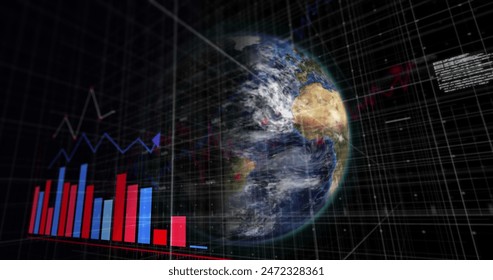 Image of multiple graphs and computer language over rotating globe against black background. Digitally generated, hologram, illustration, report, business, coding, globalization and technology.