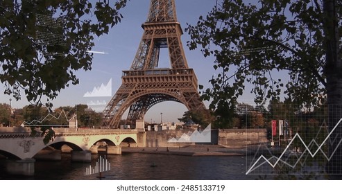 Image of multiple graphs and data over trees, river and bridge against eiffel tower. Digital composite, multiple exposure, report, business, abstract and architecture concept. - Powered by Shutterstock - Get 15% off with code: PIKWIZARD15