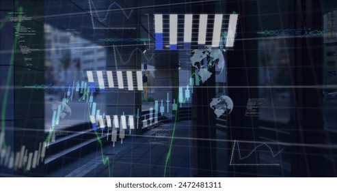 Image of multiple graphs and globe over time-lapse of cars moving on road seen through building. Digital composite, multiple exposure, business, report, data, chart, globalization, transport.