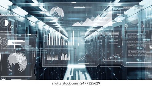 Image of multiple graphs, globes, loading bars and circles over data server room. Digital composite, report, business, progress, globalization, data center, networking, technology, network server. - Powered by Shutterstock