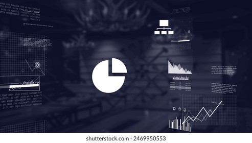 Image of multiple graphs, laptop with cloud icon and computer language over abstract pattern. Digital composite, business, report, chart, coding, cloud computing, database, technology.