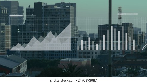 Image of multiple graphs, loading circles and map over modern city against sky. Digital composite, multiple exposure, report, business, progress, architecture and global concept.