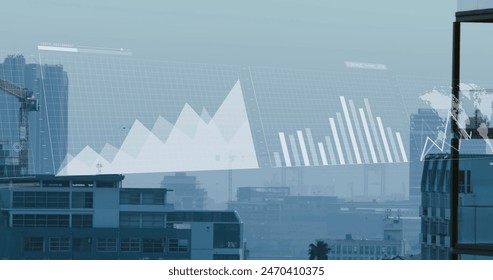 Image of multiple graphs, loading circles and map over modern buildings against sky. Digital composite, multiple exposure, report, business, progress, architecture and global concept.