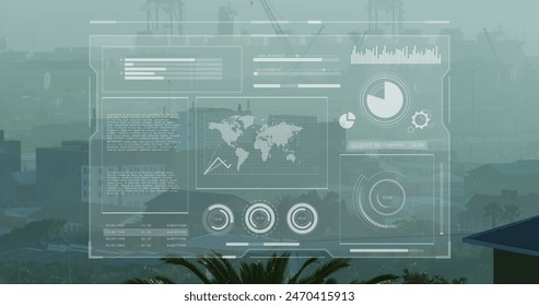 Image of multiple graphs, loading circles and map over modern city against sky. Digital composite, multiple exposure, report, business, progress, architecture and global concept.