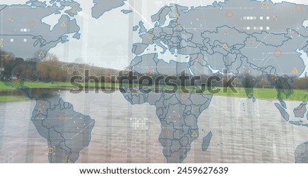 Image of multiple graphs and map, aerial view of flying birds over lake against sky. Digital composite, multiple exposure, report, business, animal, global and technology concept.