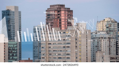 Image of multiple graphs and map over aerial view of modern buildings against clear sky. Digital composite, multiple exposure, report, business, global, architecture and technology concept.