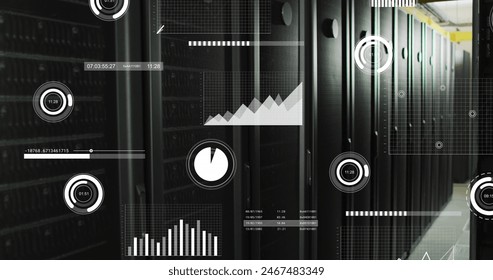 Image of multiple graphs and moving over data server racks. Digital composite, networking, data center, security, technology, network server, business, report, progress.
