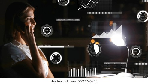 Image of multiple graphs moving over caucasian businesswoman talking on phone at desk. Digital composite, business, report, progress, working late, office, technology, desk lamp. - Powered by Shutterstock