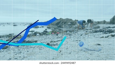 Image of multiple graphs over african american couple cleaning beach. Digital composite, multiple exposure, finance, business, report, lover, togetherness, waste, garbage and recycling concept. - Powered by Shutterstock