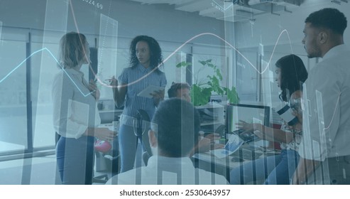 Image of multiple graphs over diverse coworkers with tablets discussing reports in meeting. Digital composite, multiple exposure, report, office, teamwork, communication and technology concept. - Powered by Shutterstock