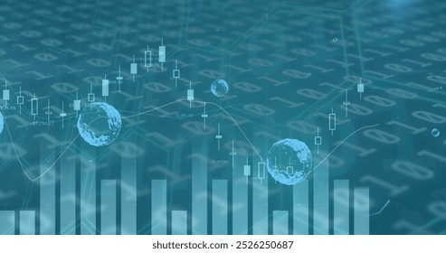 Image of multiple graphs over globes against binary codes on blue background. Digitally generated, hologram, illustration, report, business, globalization, growth, coding and technology concept.