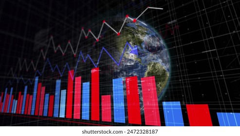 Image of multiple graphs over rotating globe against black background. digitally generated, hologram, illustration, report, business, coding, globalization and technology. - Powered by Shutterstock - Get 15% off with code: PIKWIZARD15