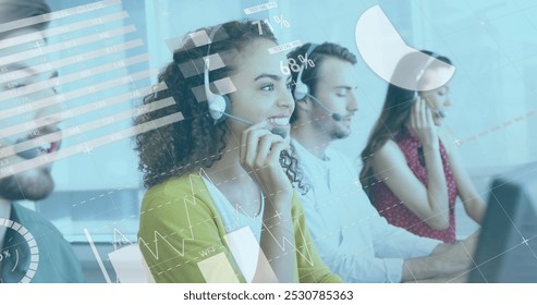 Image of multiple graphs rolling on a grid over a multi-ethnic group of call centre workers talking on the phones, wearing headphones, smiling to the camera. Digital composite image