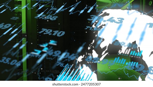 Image of multiple graphs, rotating globe and trading board over data server room. Digital composite, report, business, globalization, stock market, data center, networking, technology concept. - Powered by Shutterstock