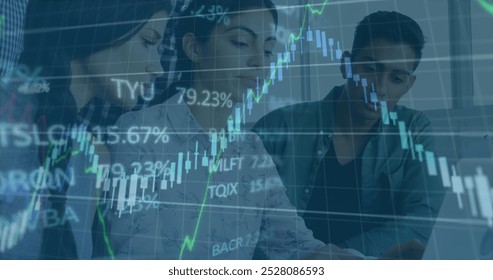 Image of multiple graphs and trading board over diverse coworkers sharing ideas in office. Digital composite, multiple exposure, report, business, stock market, teamwork and planning concept.