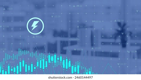 Image of multiple icons and graphs with changing numbers over chair and plantation in office. Digital composite, multiple exposure, ideas, report, business, growth, digit and technology concept.