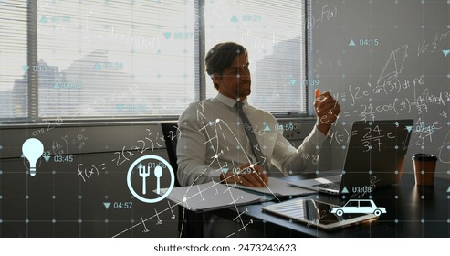 Image of multiple icons, mathematical equation and diagrams, caucasian man working on laptop. Digital composite, multiple exposure, ideas, medical, business, education and technology concept. - Powered by Shutterstock