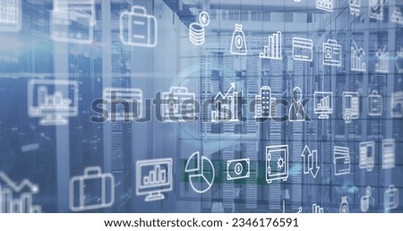 Image of multiple icons over digital clock against server racks in background. Digital composite, multiple exposure, report, business, banking, networking, technology and network server concept.
