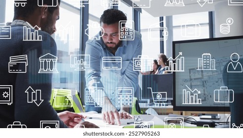 Image of multiple icons over diverse male architects discussing blueprint in office. Digital composite, multiple exposure, report, business, banking, education, teamwork and profession concept. - Powered by Shutterstock